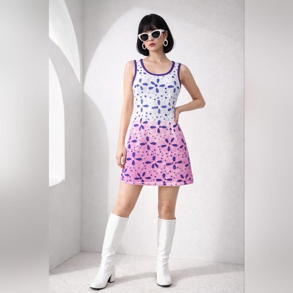 Esley Floral Lace Mini Dress | Mod 60s Pink Blue Ombre | Eyelet A-Line